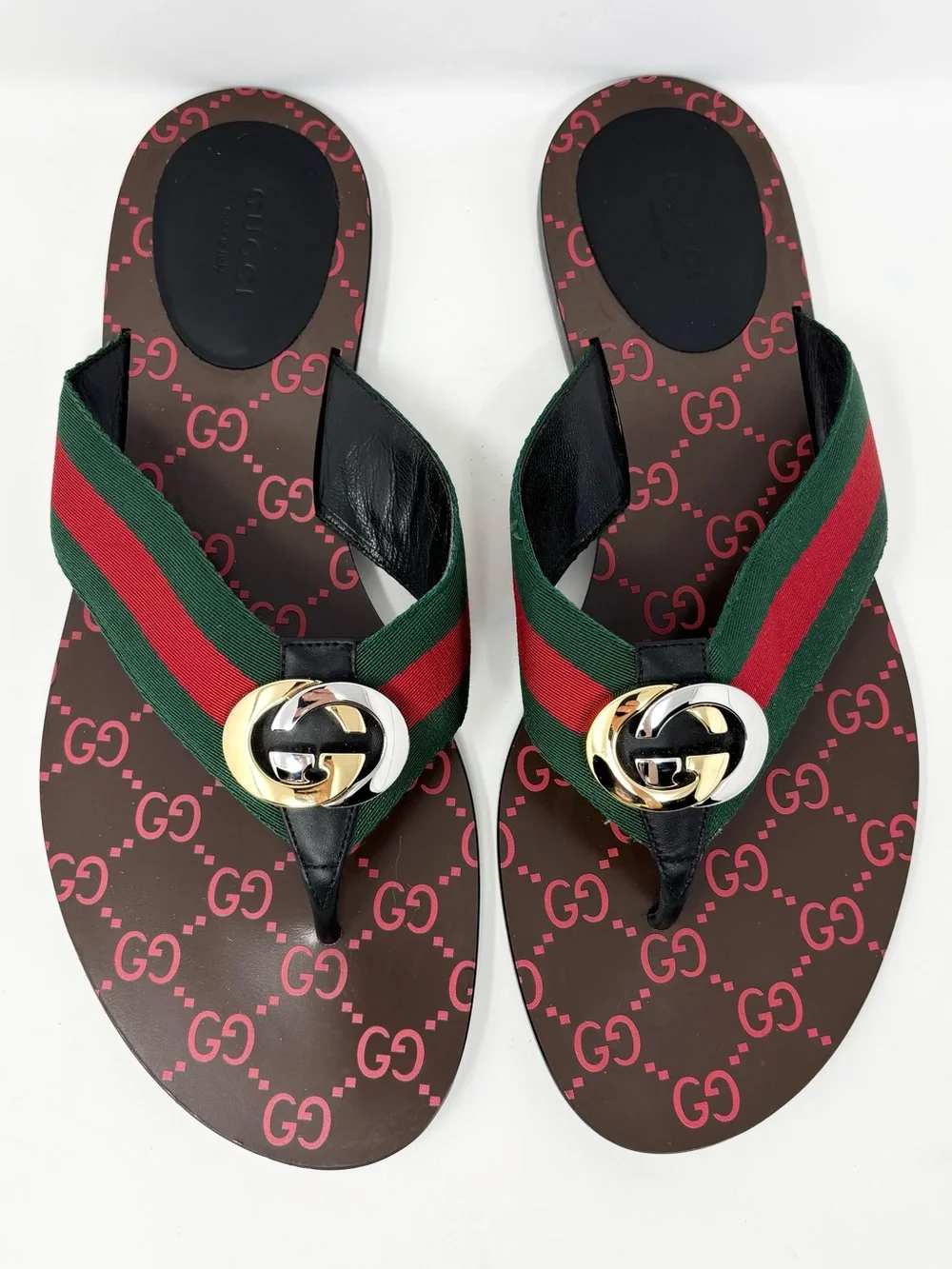 Gucci Kika Web Thong Sandals Nero GG Logo Size 41 US 11